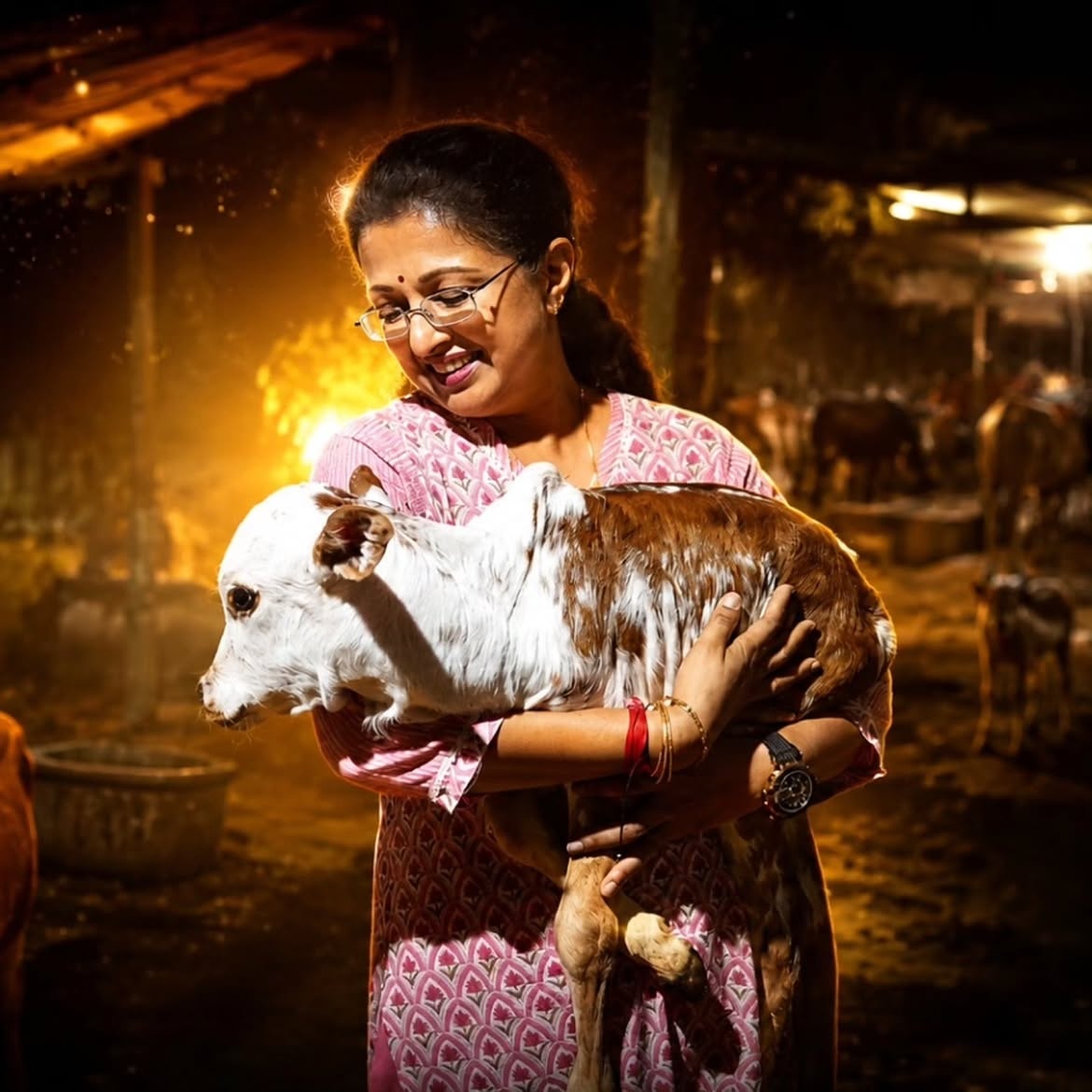 Gautami with calf on organic farm under warm evening lanterns